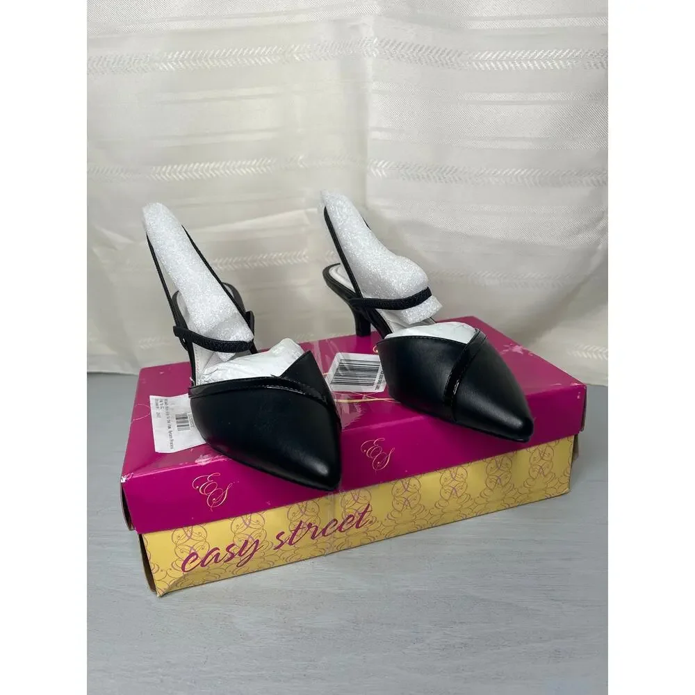NIB Easy Street Unna Womens 8.5 M Black Multi Strap Pointed Toe Kitten Heels